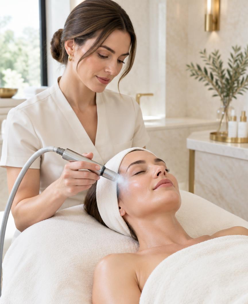 Client receiving a cooling facial treatment